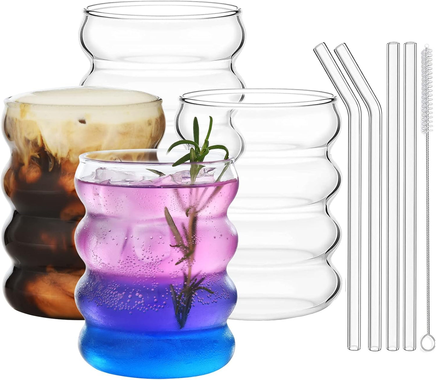 Drinkware Decore Drinking Glasses with Lids and Straws Wave Shape Bubble Glass Cups, Iced Coffee Glasses for juice, Cocktail, Water Cups with Brush