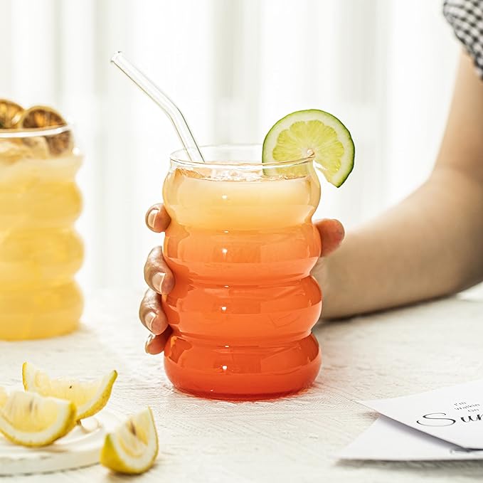 Drinkware Decore Drinking Glasses with Lids and Straws Wave Shape Bubble Glass Cups, Iced Coffee Glasses for juice, Cocktail, Water Cups with Brush
