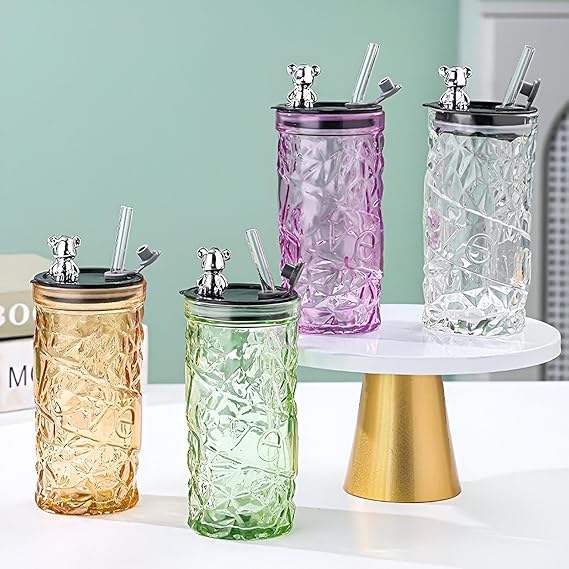 Drinkware Decor Bear Shape Luxury Design Drink Glass Cup with Straw Creative Cute Juice Drinking Transparent Cup Tumbler Household Office Coffee Milk Mug with Lid and Straw
