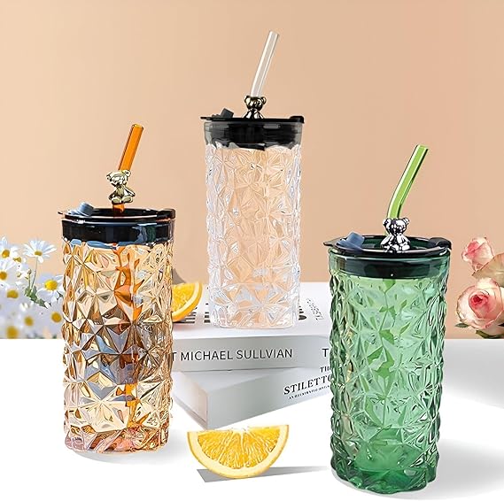 Drinkware Decor Bear Shape Luxury Design Drink Glass Cup with Straw Creative Cute Juice Drinking Transparent Cup Tumbler Household Office Coffee Milk Mug with Lid and Straw