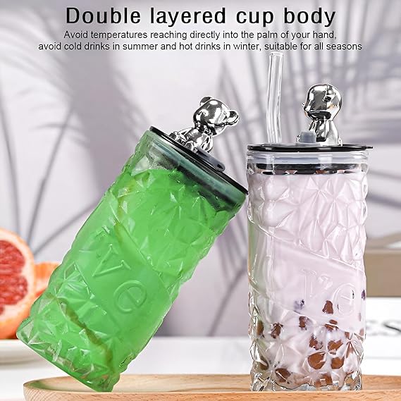 Drinkware Decor Bear Shape Luxury Design Drink Glass Cup with Straw Creative Cute Juice Drinking Transparent Cup Tumbler Household Office Coffee Milk Mug with Lid and Straw