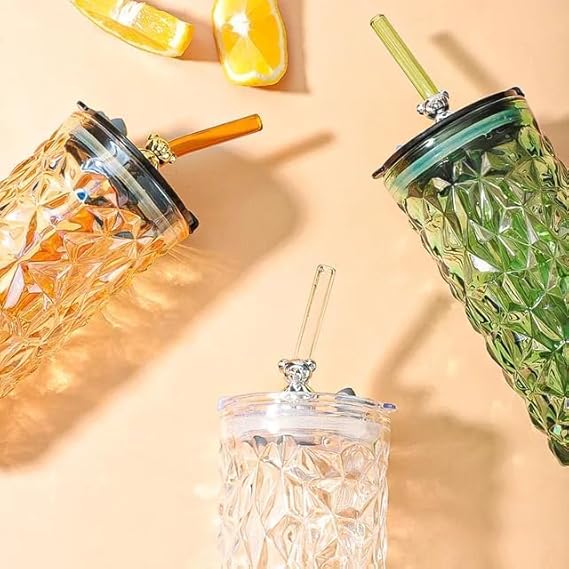 Drinkware Decor Bear Shape Luxury Design Drink Glass Cup with Straw Creative Cute Juice Drinking Transparent Cup Tumbler Household Office Coffee Milk Mug with Lid and Straw