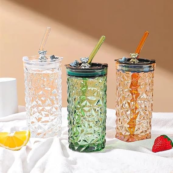 Drinkware Decor Bear Shape Luxury Design Drink Glass Cup with Straw Creative Cute Juice Drinking Transparent Cup Tumbler Household Office Coffee Milk Mug with Lid and Straw