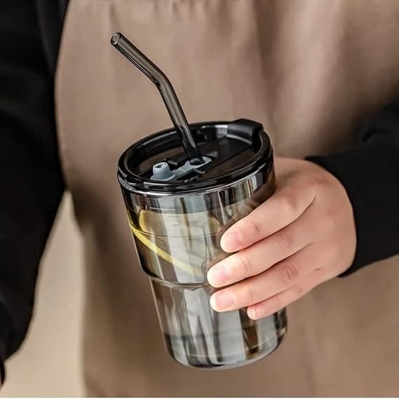 CRIYALE Premium Glass Mug Sipper Tumbler with Lid, Straw & Anti-Slip Leather Sleeve 435ml Reusable, Leak-Proof & Heat Resistant Iced Coffee, Tea, Smoothies Glass Cup for Hot and Cold Beverages (Black