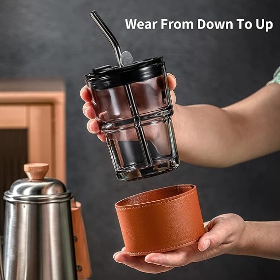 CRIYALE Premium Glass Mug Sipper Tumbler with Lid, Straw & Anti-Slip Leather Sleeve 435ml Reusable, Leak-Proof & Heat Resistant Iced Coffee, Tea, Smoothies Glass Cup for Hot and Cold Beverages (Black