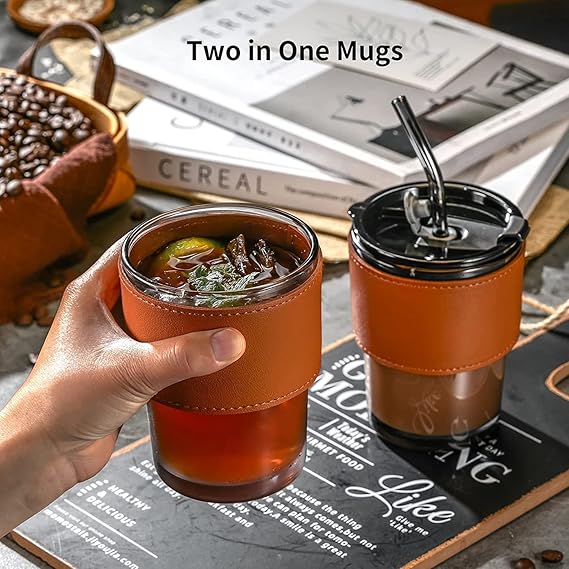 CRIYALE Premium Glass Mug Sipper Tumbler with Lid, Straw & Anti-Slip Leather Sleeve 435ml Reusable, Leak-Proof & Heat Resistant Iced Coffee, Tea, Smoothies Glass Cup for Hot and Cold Beverages (Black