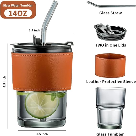 CRIYALE Premium Glass Mug Sipper Tumbler with Lid, Straw & Anti-Slip Leather Sleeve 435ml Reusable, Leak-Proof & Heat Resistant Iced Coffee, Tea, Smoothies Glass Cup for Hot and Cold Beverages (Black