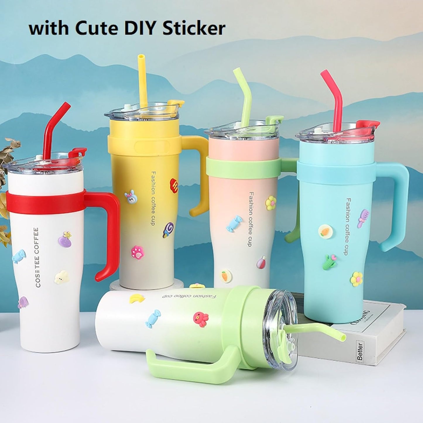Drinkware Decor Thermal Mug, 1182 ml Hot Cold Drinks Vacuum Drinking Cup with Straw and Handle, 304 Double-Walled Stainless Steel Vacuum Insulated Mug, Coffee Mug to Go, BPA Free (White)