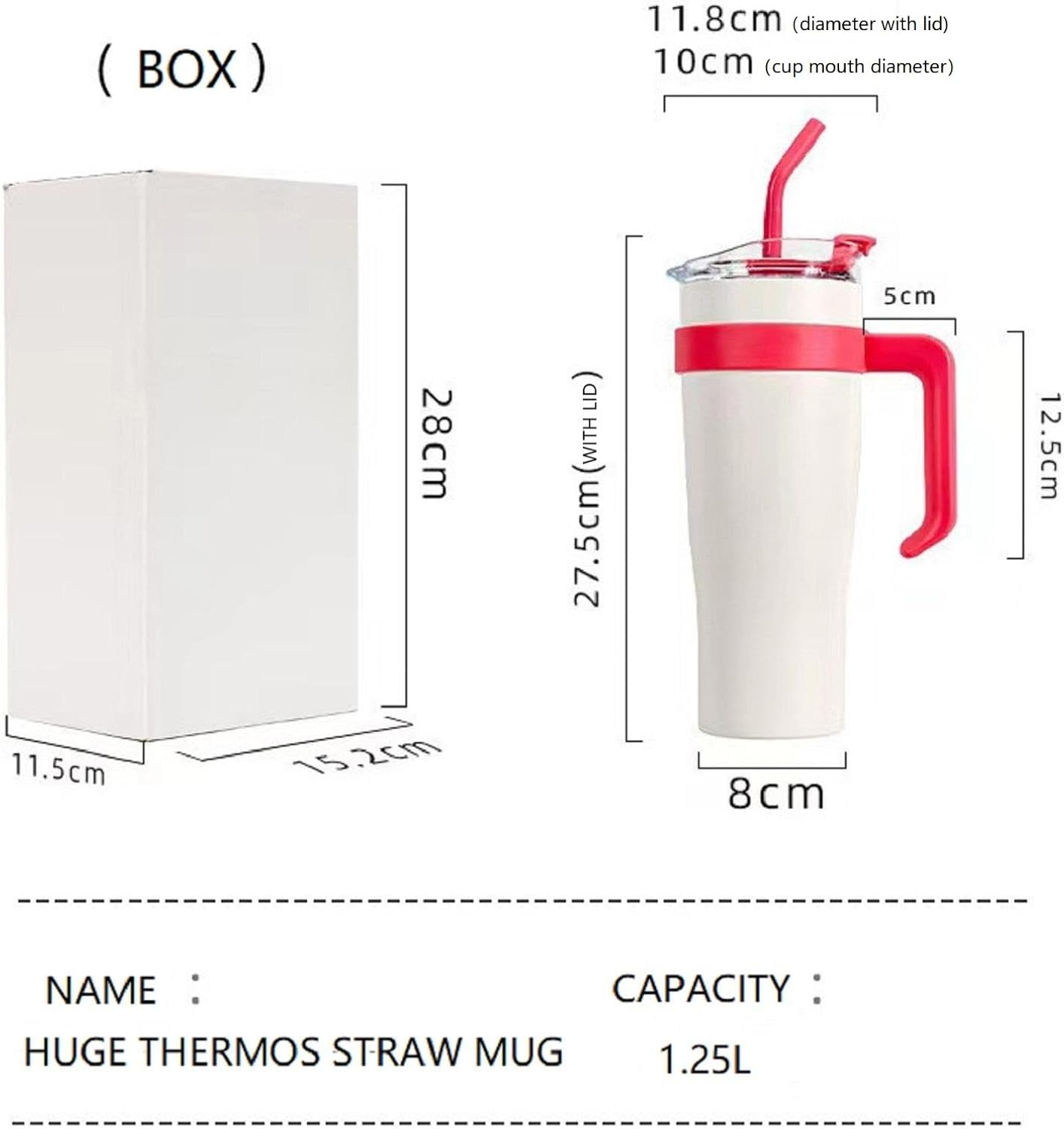 Drinkware Decor Thermal Mug, 1182 ml Hot Cold Drinks Vacuum Drinking Cup with Straw and Handle, 304 Double-Walled Stainless Steel Vacuum Insulated Mug, Coffee Mug to Go, BPA Free (White)