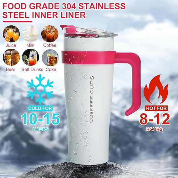 Drinkware Decor Thermal Mug, 1182 ml Hot Cold Drinks Vacuum Drinking Cup with Straw and Handle, 304 Double-Walled Stainless Steel Vacuum Insulated Mug, Coffee Mug to Go, BPA Free (White)