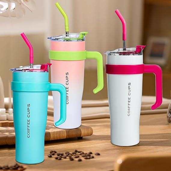 Drinkware Decor Thermal Mug, 1182 ml Hot Cold Drinks Vacuum Drinking Cup with Straw and Handle, 304 Double-Walled Stainless Steel Vacuum Insulated Mug, Coffee Mug to Go, BPA Free (White)