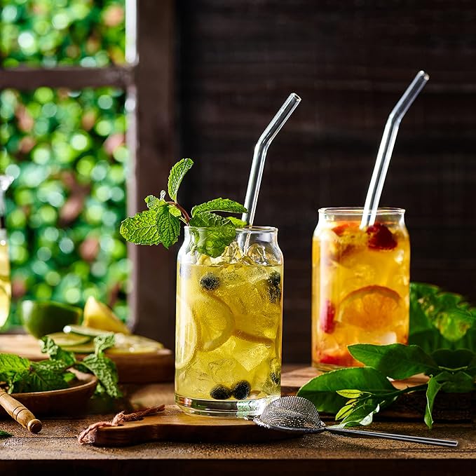 Drinkware Decore Drinking Glass - Can Sake Cups with Straws and Tumbler, 16oz Iced Coffee & Tea Glasses, Clear Whiskey Soda & Beer Glasses