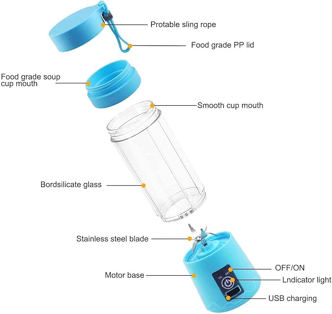 Drinkware Decor Portable Electric USB Juice Maker Juicer Bottle Blender Grinder Mixer, Rechargeable Bottle with 6 Blades