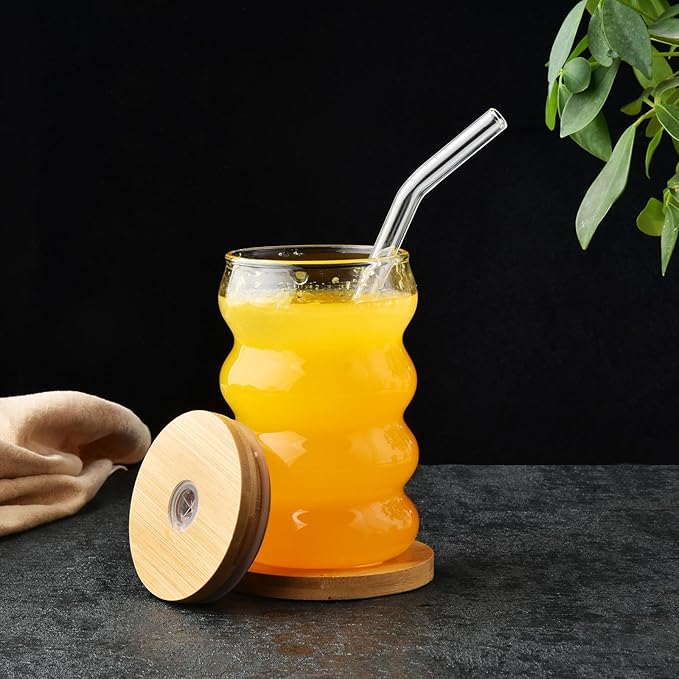 Drinkware Decore Drinking Glasses with Lids and Straws Wave Shape Bubble Glass Cups, Iced Coffee Glasses for juice, Cocktail, Water Cups with Brush