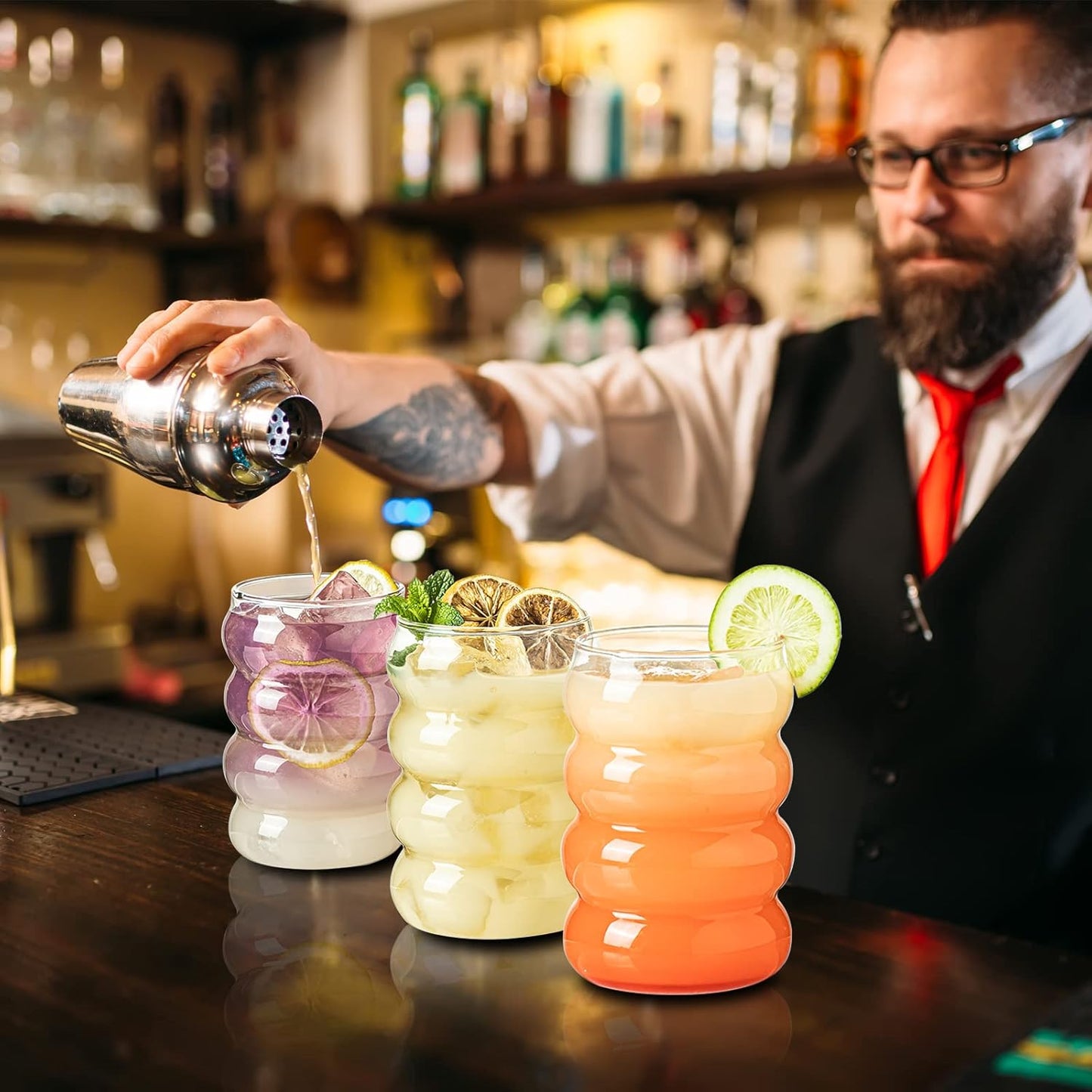 Drinkware Decore Drinking Glasses with Lids and Straws Wave Shape Bubble Glass Cups, Iced Coffee Glasses for juice, Cocktail, Water Cups with Brush
