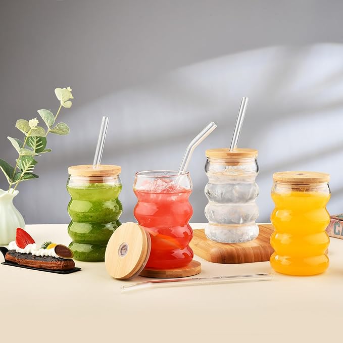Drinkware Decore Drinking Glasses with Lids and Straws Wave Shape Bubble Glass Cups, Iced Coffee Glasses for juice, Cocktail, Water Cups with Brush