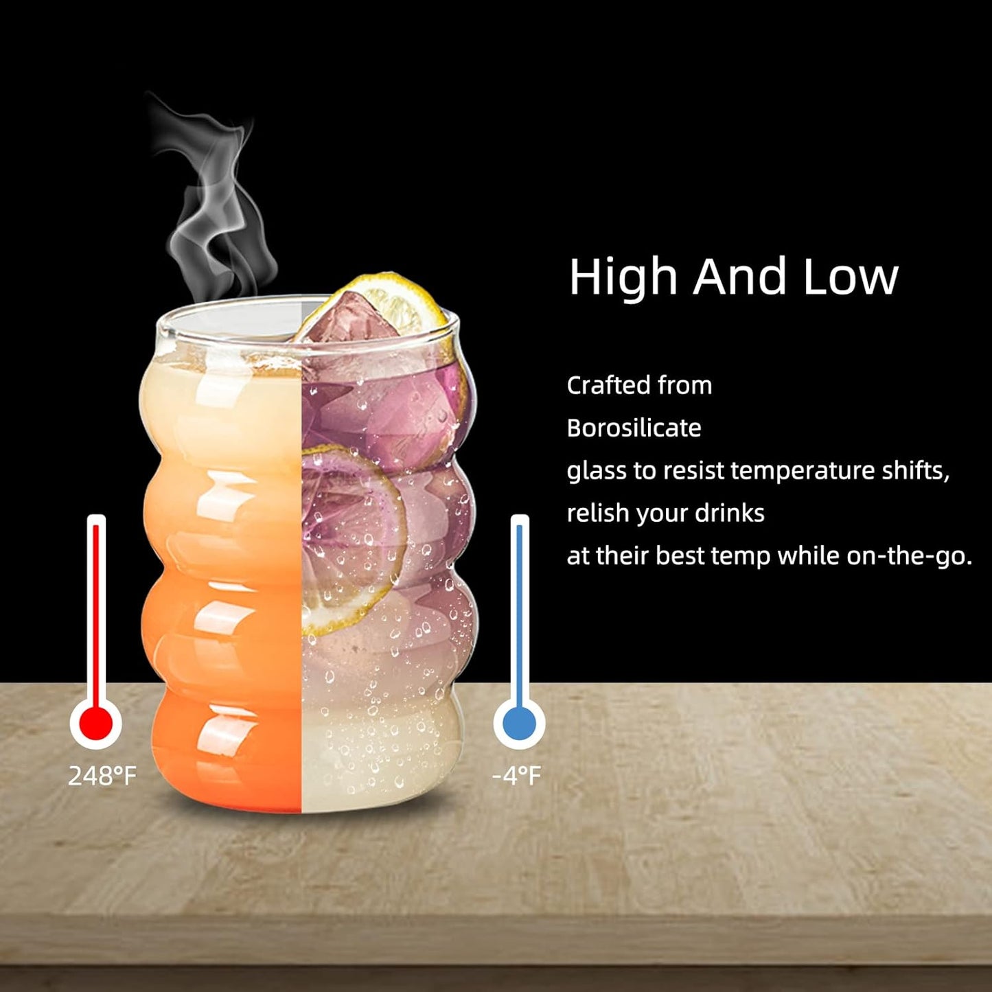 Drinkware Decore Drinking Glasses with Lids and Straws Wave Shape Bubble Glass Cups, Iced Coffee Glasses for juice, Cocktail, Water Cups with Brush