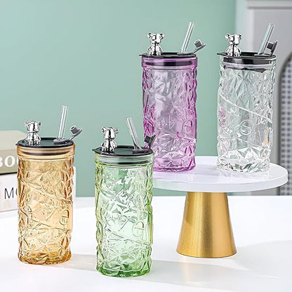 Drinkware Decor Bear Shape Luxury Design Drink Glass Cup with Straw Creative Cute Juice Drinking Transparent Cup Tumbler Household Office Coffee Milk Mug with Lid and Straw