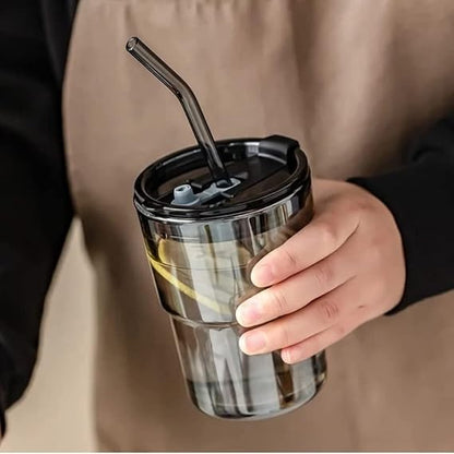 CRIYALE Premium Glass Mug Sipper Tumbler with Lid, Straw & Anti-Slip Leather Sleeve 435ml Reusable, Leak-Proof & Heat Resistant Iced Coffee, Tea, Smoothies Glass Cup for Hot and Cold Beverages (Black