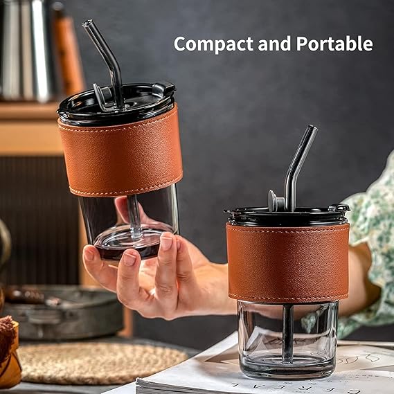 CRIYALE Premium Glass Mug Sipper Tumbler with Lid, Straw & Anti-Slip Leather Sleeve 435ml Reusable, Leak-Proof & Heat Resistant Iced Coffee, Tea, Smoothies Glass Cup for Hot and Cold Beverages (Black